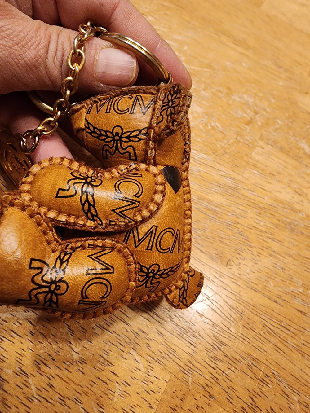 MCM Cognac Brown Leather Bear Keychain with Gold Hardware